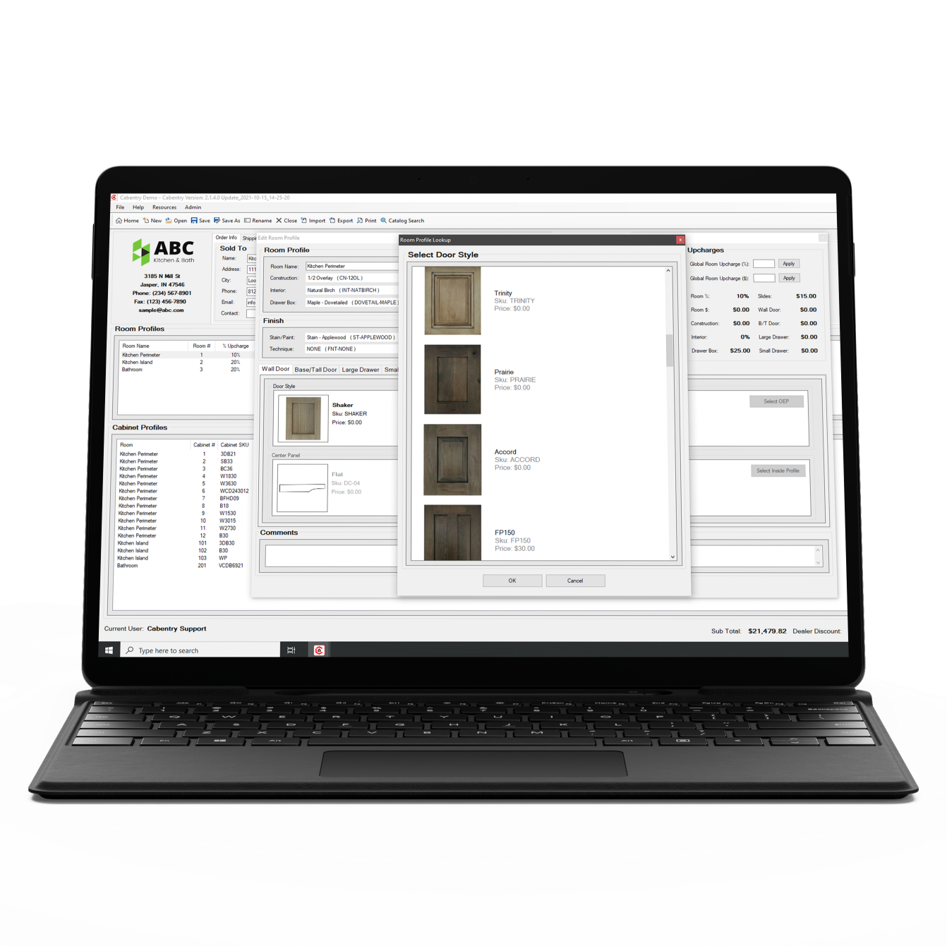Cabentry open on a Surface Pro laptop, showing the Select Door Style window with door photos, SKUs and prices
